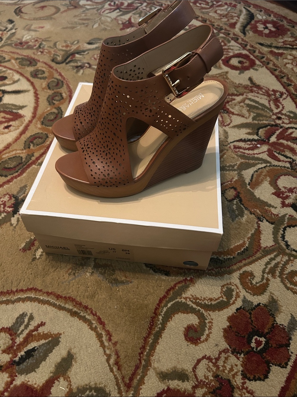 MICHAEL Michael Kors Brown Perforated Leather Wedge Sandals
